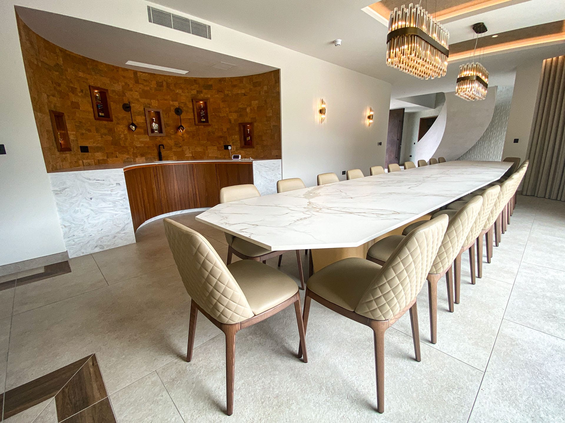 Custom design dining table with a 6400 x 1200mm Entzo Dekton top, project 2946: Bespoke Corian base