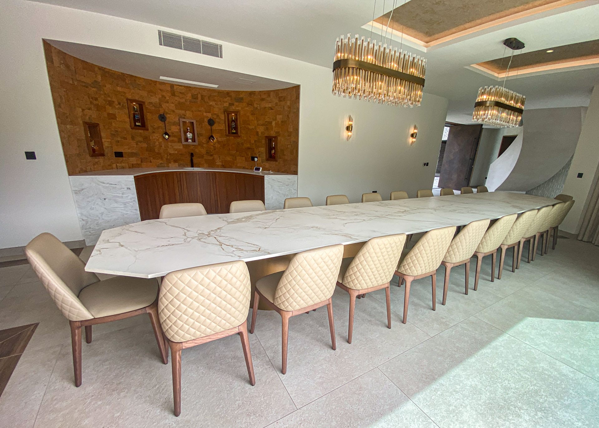 Custom design dining table with a 6400 x 1200mm Entzo Dekton top, project 2946: Custom shaped top