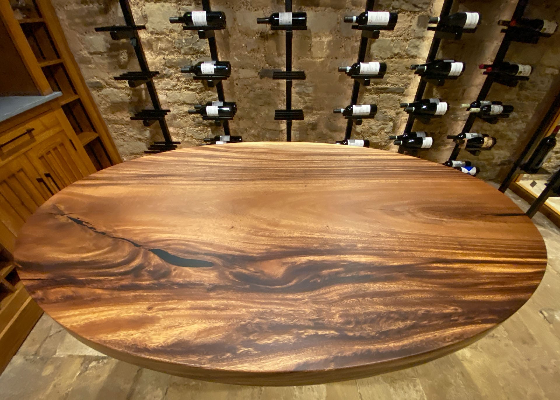 Tiger Lily dining table with a 1600 x 1000mm Indonesian Suar top, project 2873: Oval single slab