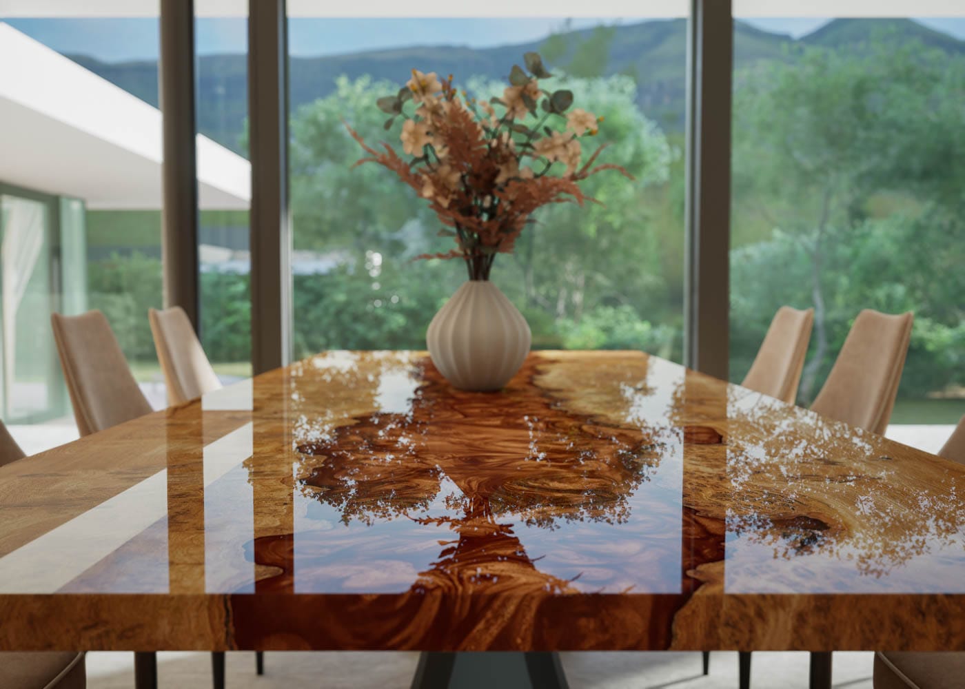 Gazelle dining table with a 2400 x 1100mm copper resin top