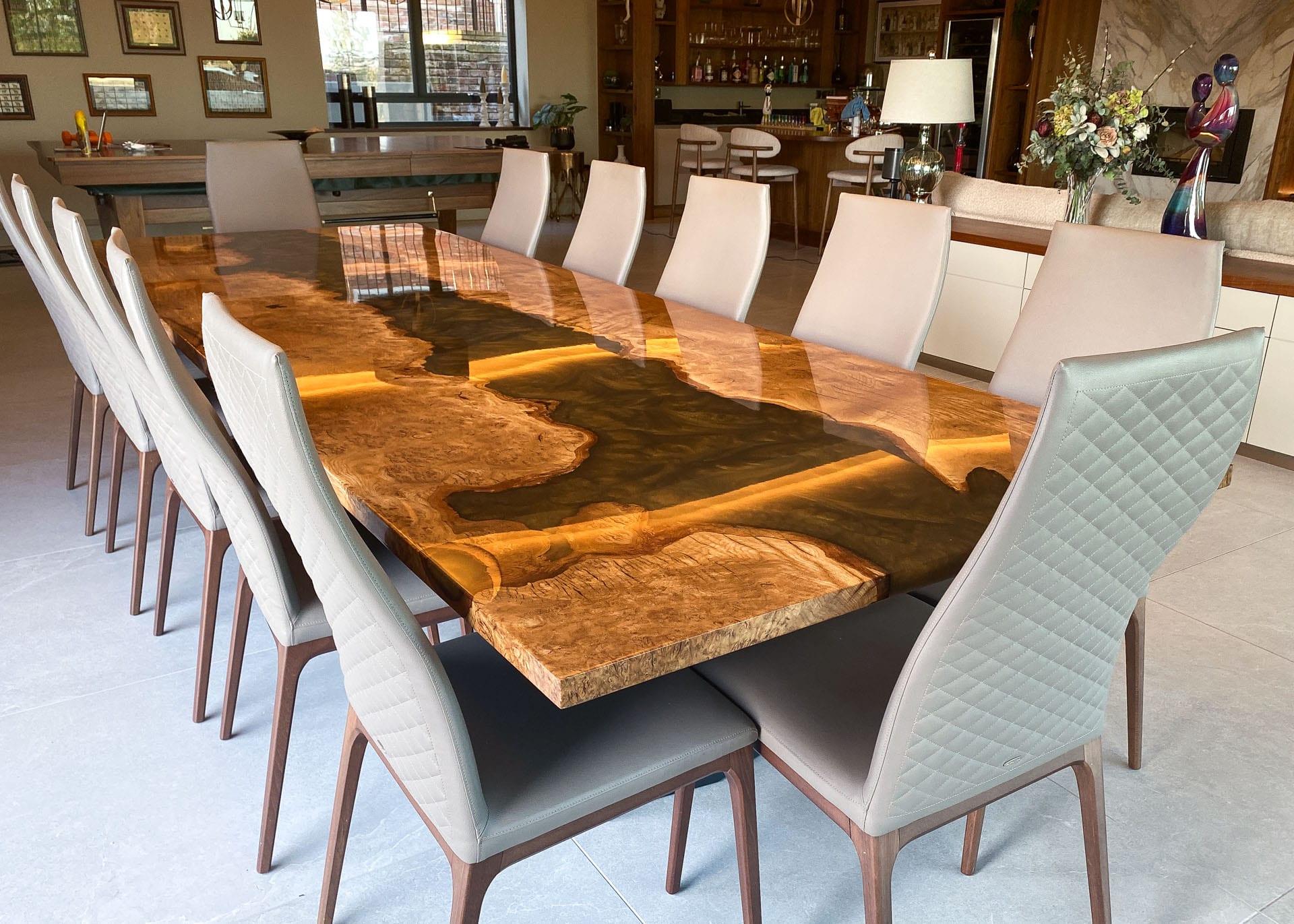 Double Helix dining table with a 3400 x 1200mm Resin Infused Pippy Oak top, project 2848: Resin Infused Oak