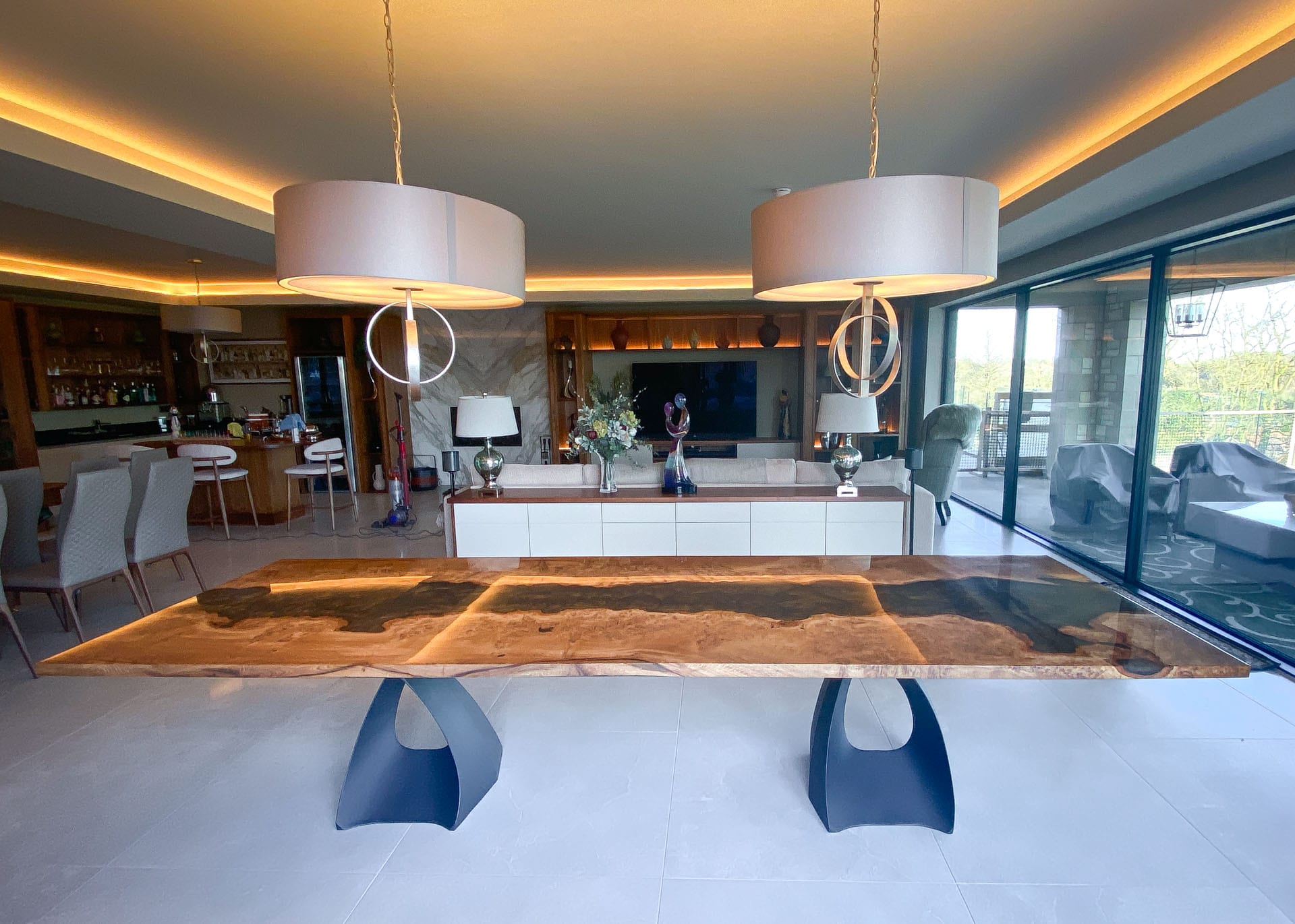 Double Helix dining table with a 3400 x 1200mm Resin Infused Pippy Oak top, project 2848: 3400 x 1200mm