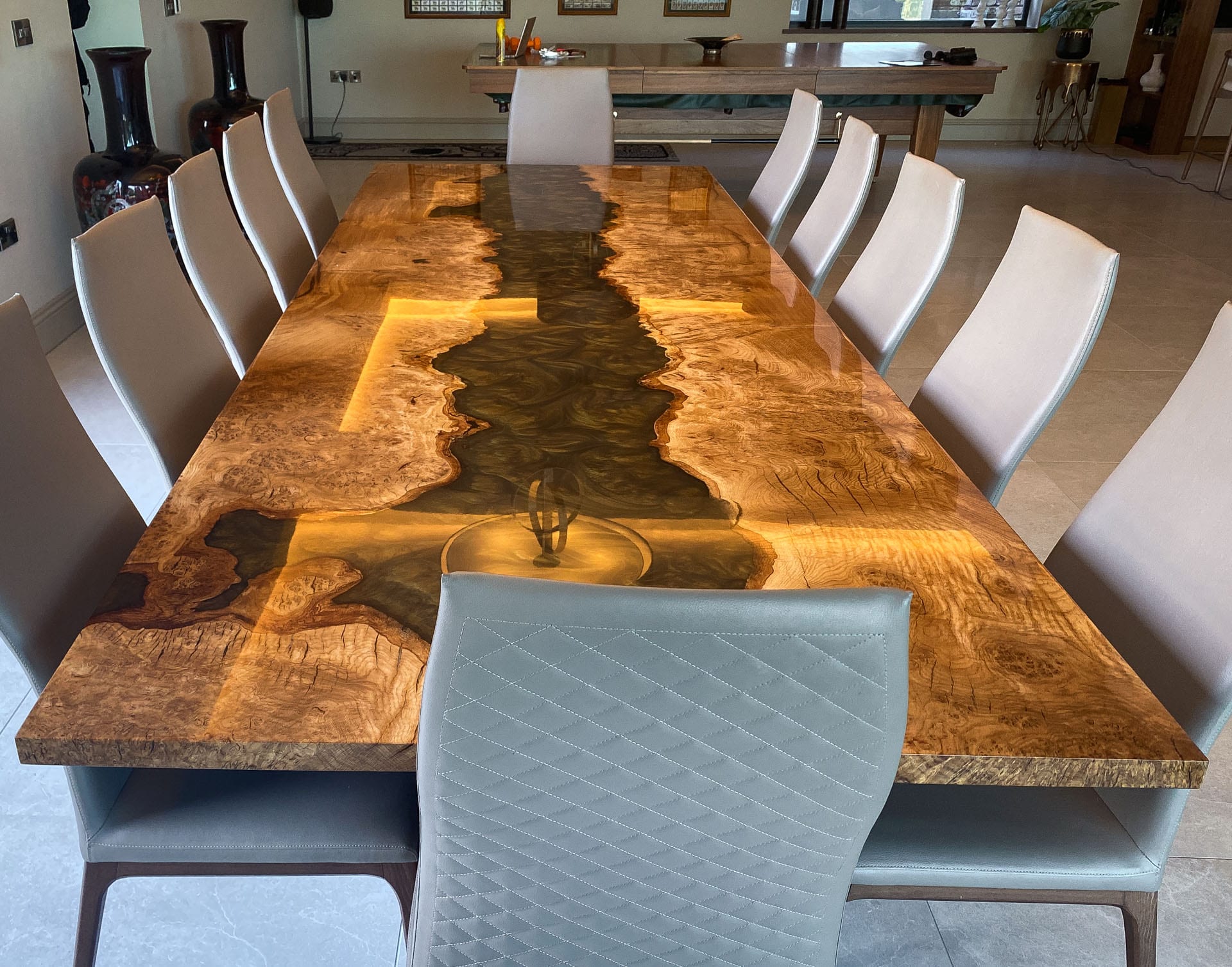 Double Helix dining table with a 3400 x 1200mm Resin Infused Pippy Oak top, project 2848: Black Gold Resin