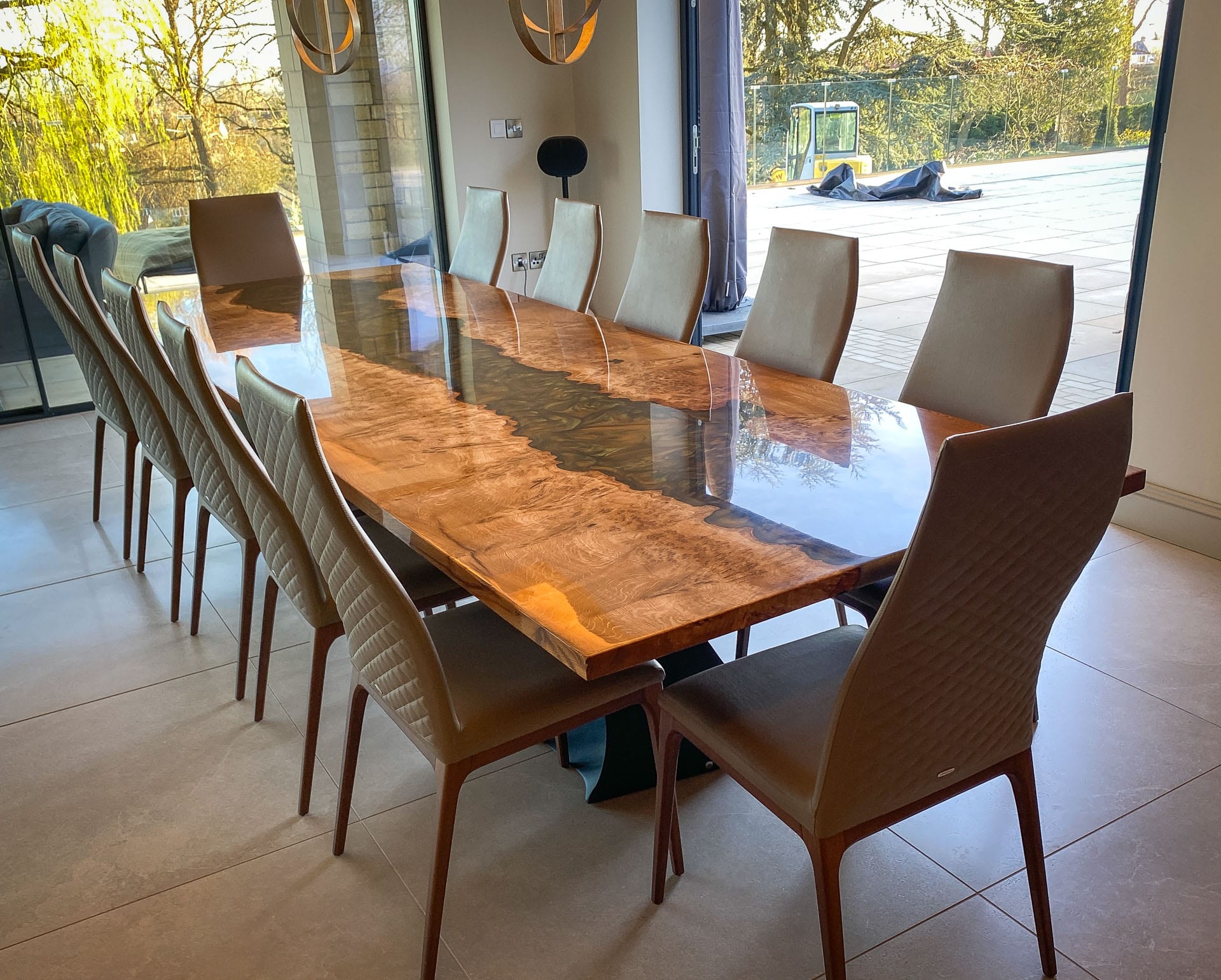 Double Helix dining table with a 3400 x 1200mm Resin Infused Pippy Oak top, project 2848: Ceramic coated