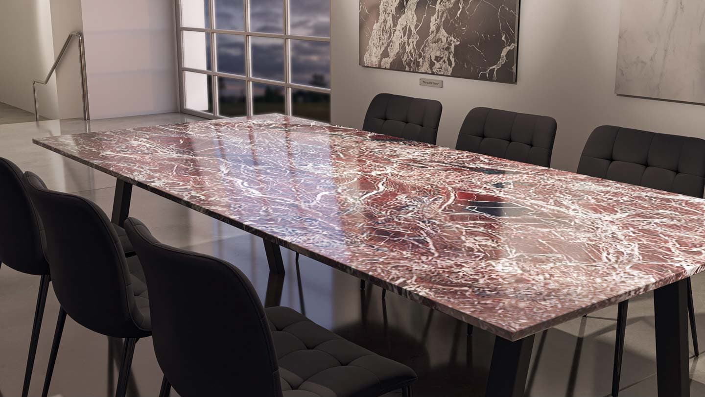 stone dining table sets - abacus tables - crimson veil marble table