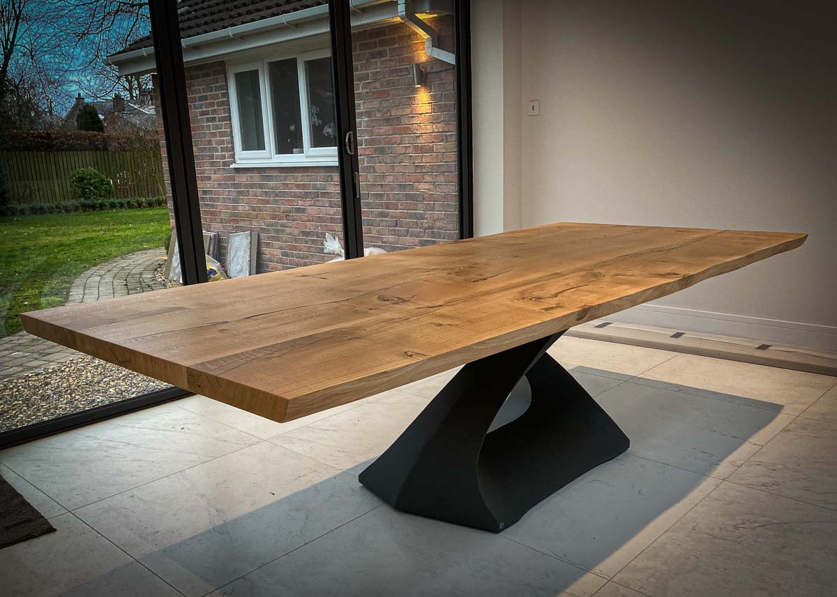 character oak custom dining table with modern helix steel base 10 Seater 1241 image 5
