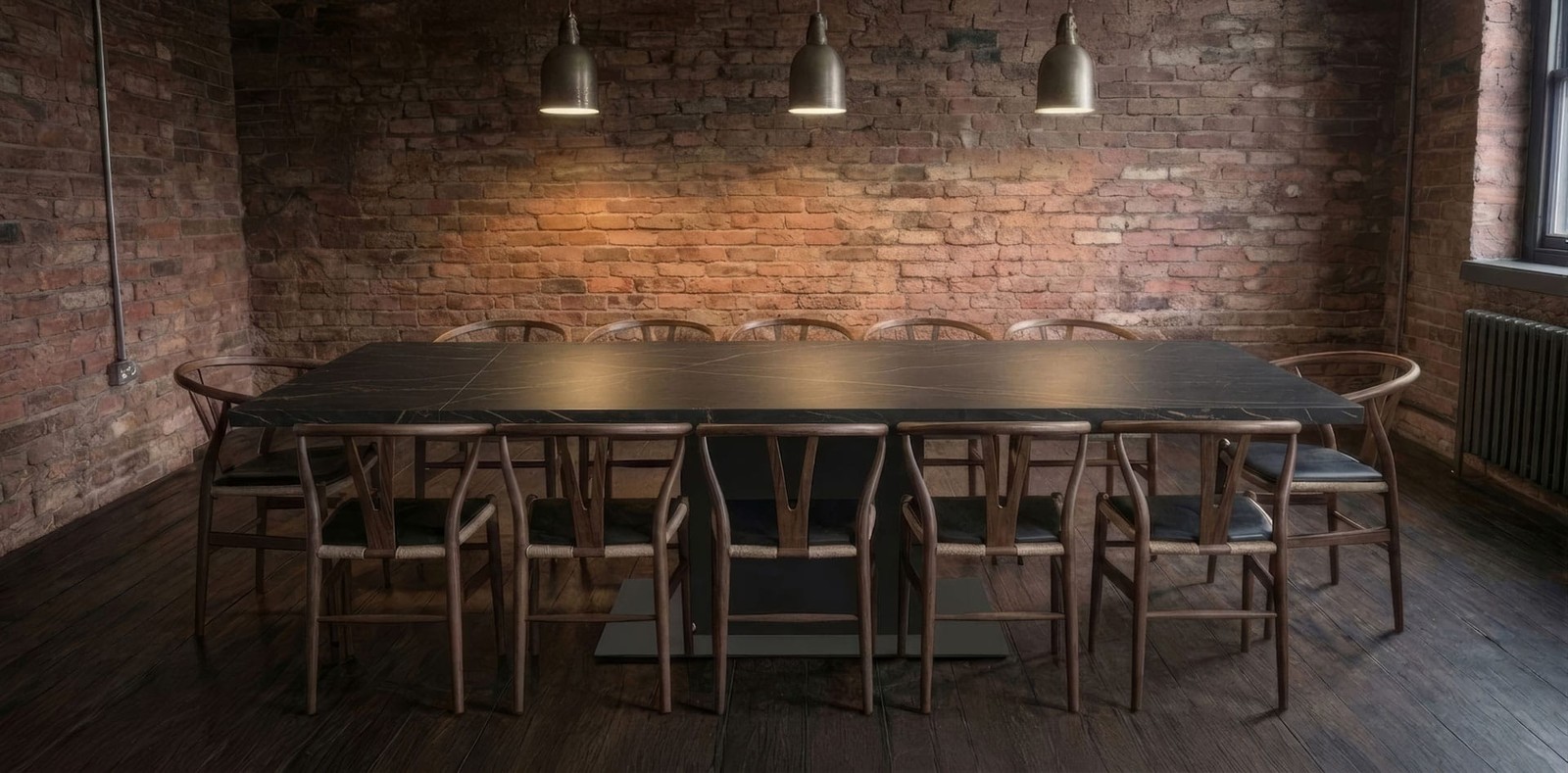 The same dark Dekton dining table fully extended, seating ten