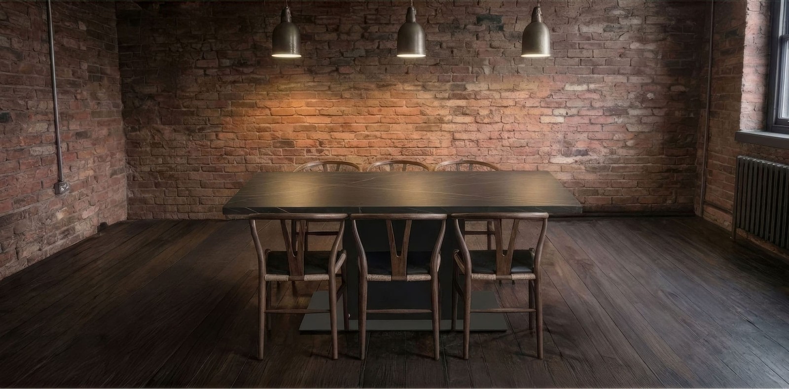 The same room with an unextended dark Dekton dining table seating six