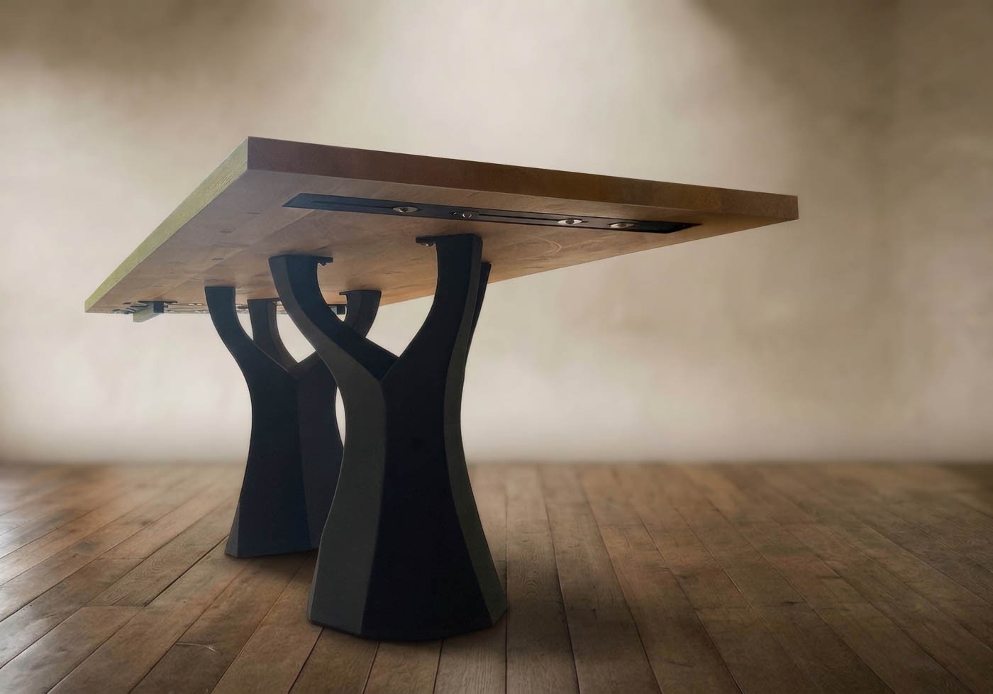 Underside of the extending dining table before the extension leaf is fitted