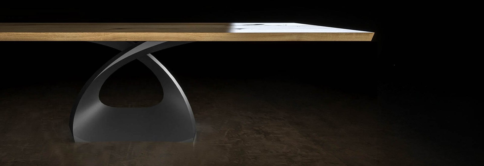 Oak dining table with Helix pedestal base on a dark backdrop