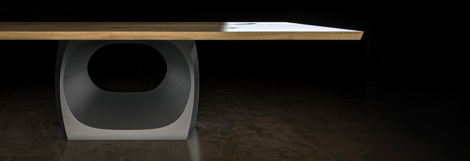 Oak dining table with Muse pedestal base on a dark backdrop