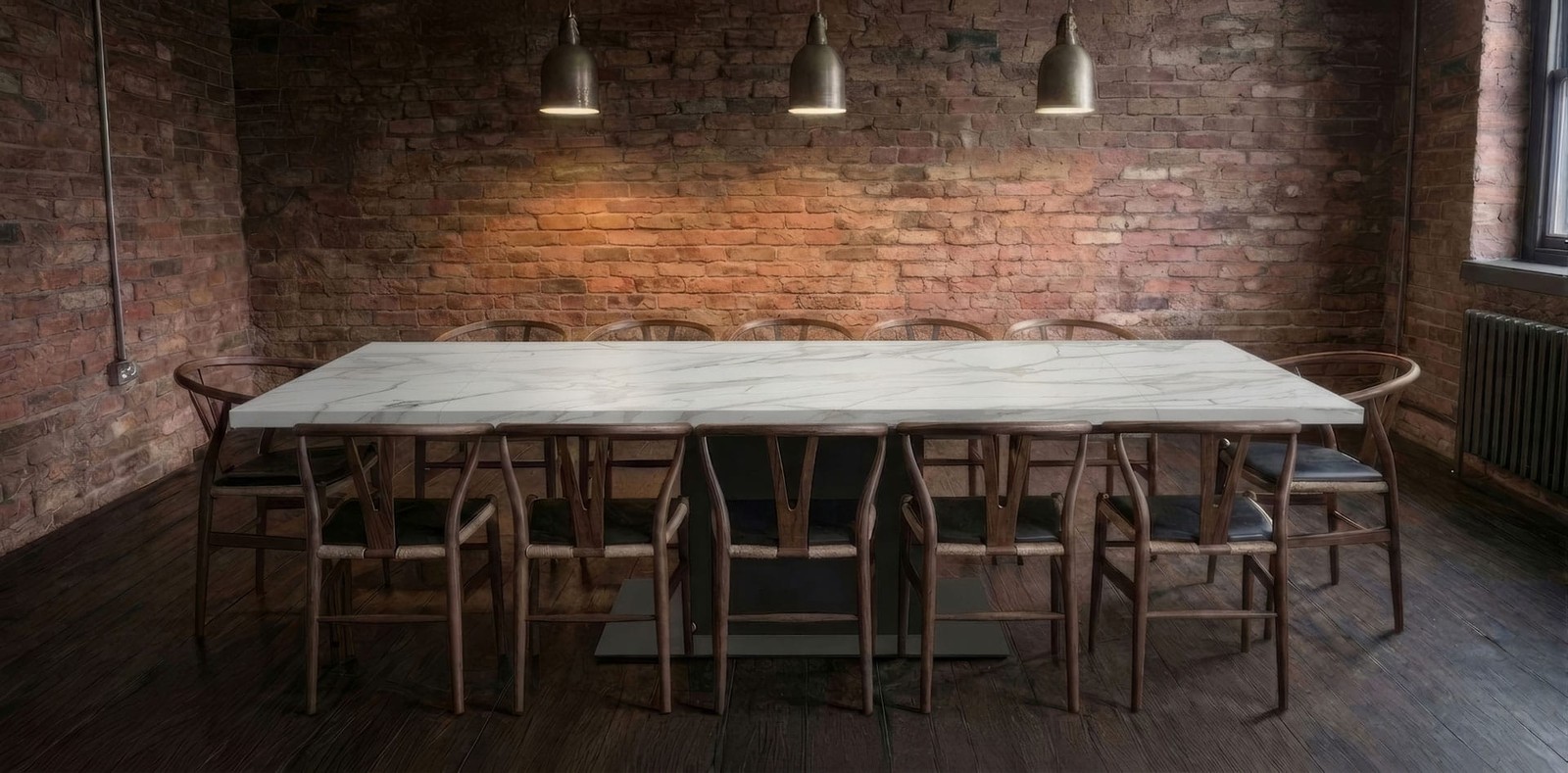 A light Dekton Morpheus dining table fully extended in the same room, seating ten