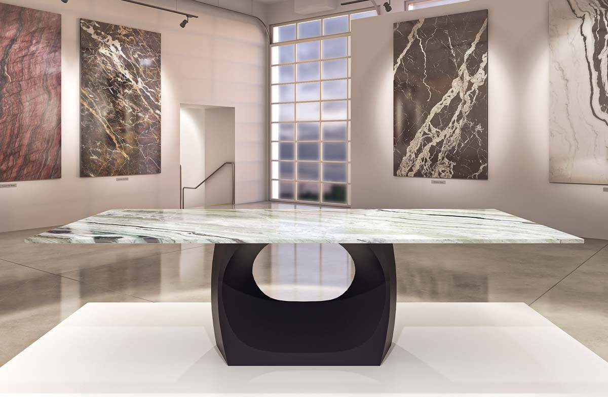luxury stone dining tables - abacus tables - emerald ripple marble table